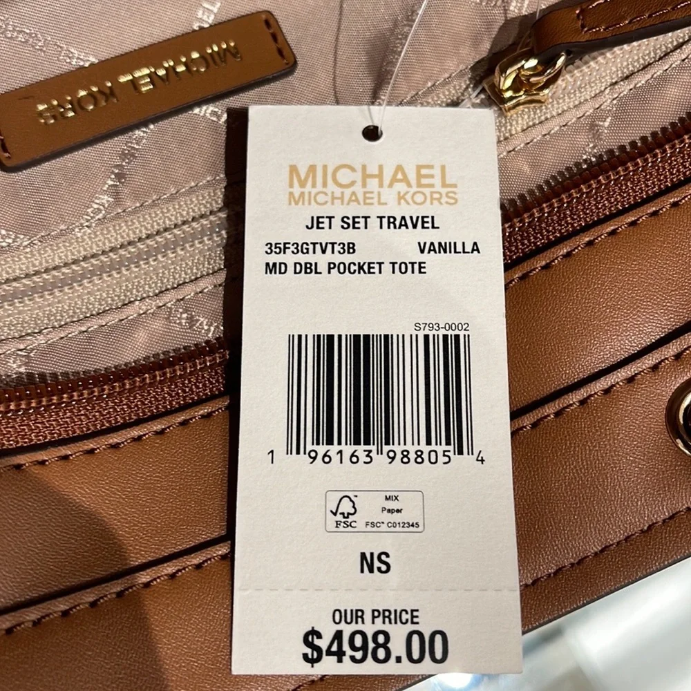 MICHAEL KORS JET SET TRAVEL MEDIUM DOUBLE POCKET TOTE 
VANILLA SIGNATURE NWT - Picture 8 of 16